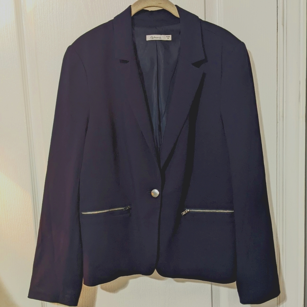 ✨2/$25✨ Reitmans Navy Blue Blazer with Silver Button and Zippers, size 16 petite